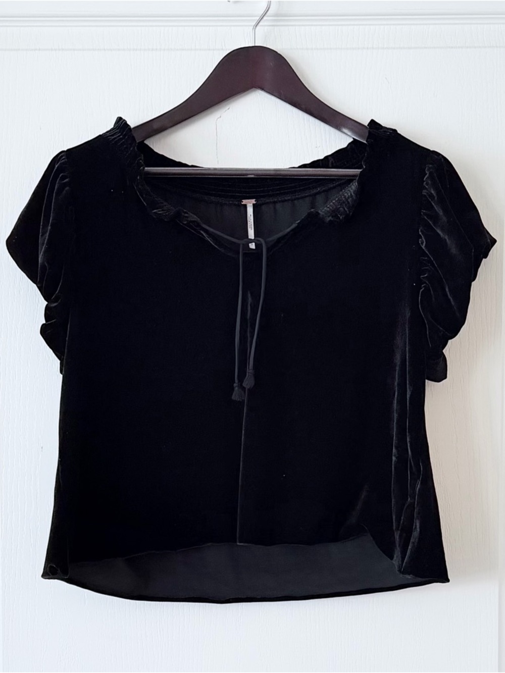 Free People Black Velvet Tie-Front Peasant Top - Picture 5 of 6